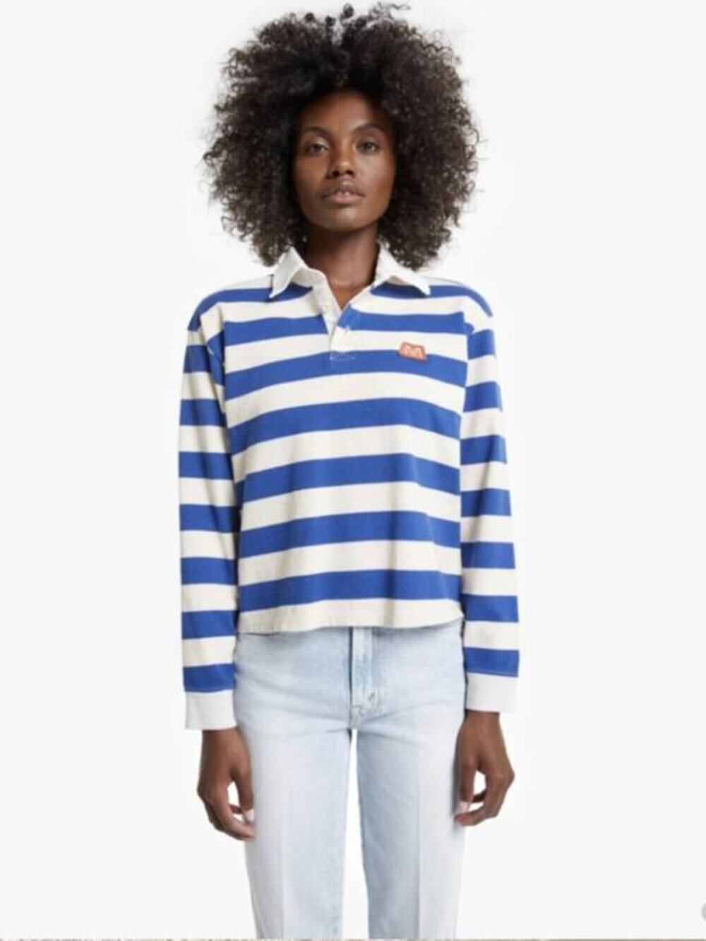 MOTHER Boxy Polo Crop Tee in Blue/Cream Stripes- S- Long Sleeve- MSRP $198